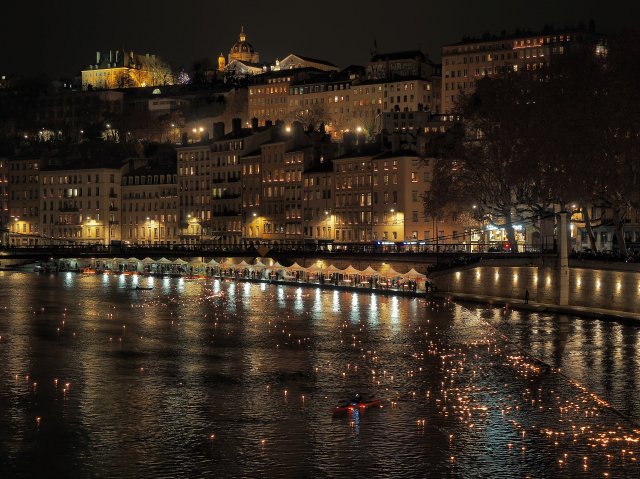 The riverside of Lyon France at night during the festival of lights
