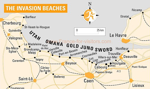 D day landing sites map - Normandy world war 2 landing sites
