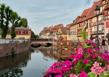 Colmar, Alsace, canal, flowers and half-timbered houses