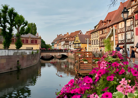 Colmar, Alsace, canal, flowers and half-timbered houses