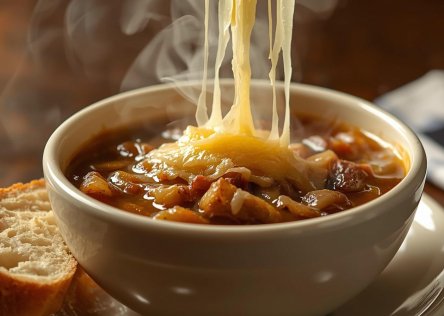 French onion soup with melted cheese on top and a slide of baguette on the side