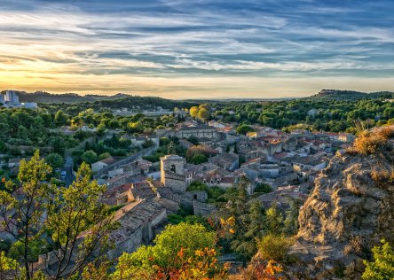A hilltop view over a small town in Provence in September