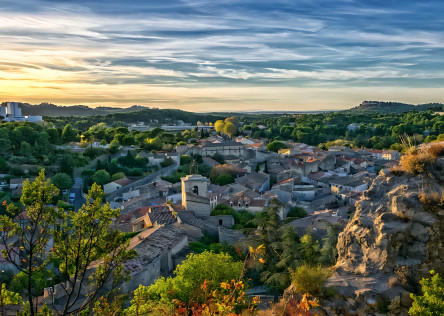 A hilltop view over a small town in Provence in September