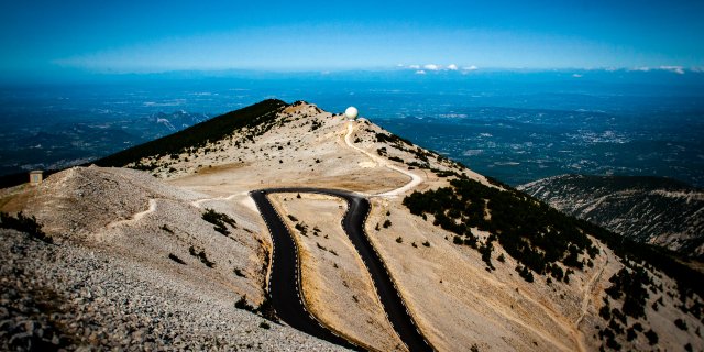 A winding mountain road up Mont Ventoux A winding mountain road up Mont Ventoux, France