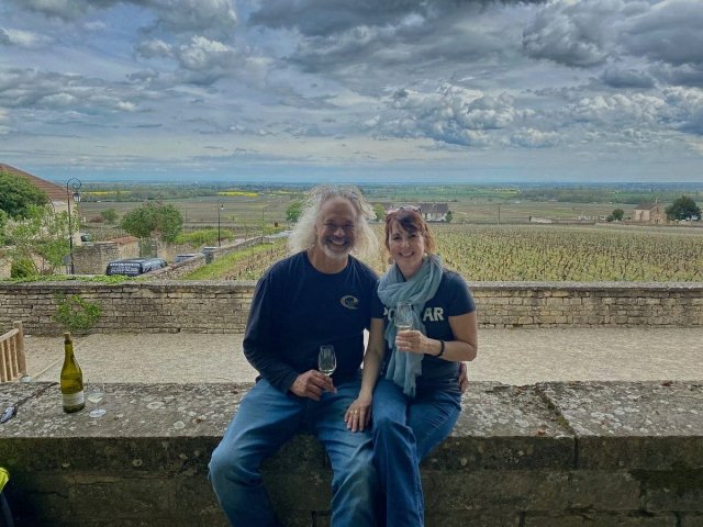 Travelers Bev and Jeff at a wine-tasting in Burgundy
