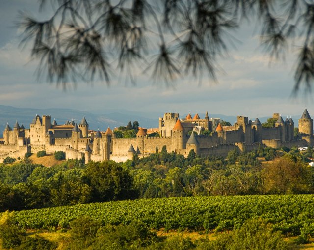 A panoramic view of the medieval walled city of Carcassonne, France