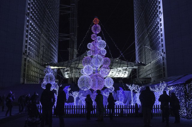 Christmas lights at La Grande Arche de la Defense in Paris 