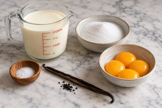 Creme brulee ingredients laid out on a marble counter