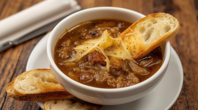 French onion soup with a slice of baguette and melted cheese on top