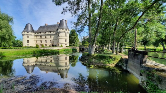 A castle in the Loire Valley with green gardens and a lake