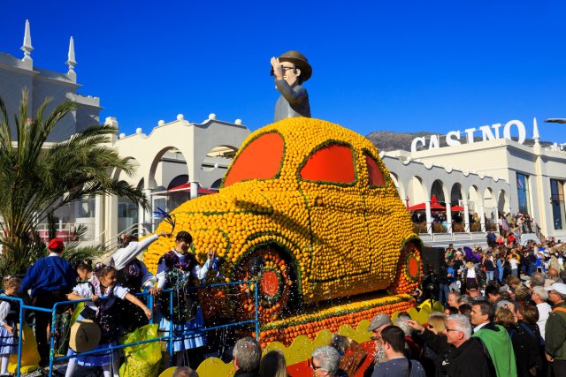 Citrus colored floats at the Menton Lemon Festival