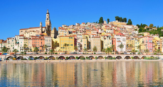 The warm pastel colors of the seafront buildings of Menton, French Riviera