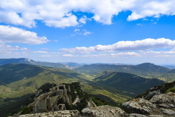 Peyrepertuse castle with hilltop panoramic views of the hilly Cathar Country