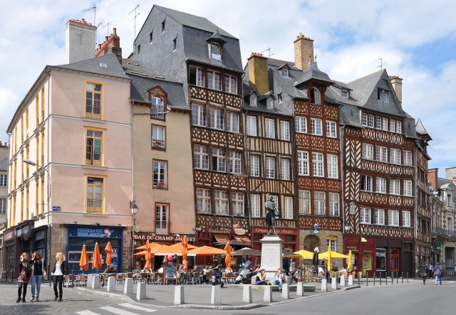 Half-timbered medieval buildings in the city of Rennes, Brittany
