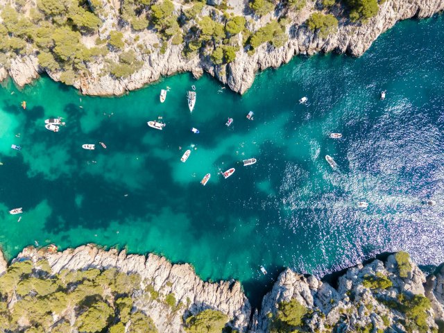 Aerial view of Port Pin calanque in Provence Aerial view of Port Pin calanque in Provence