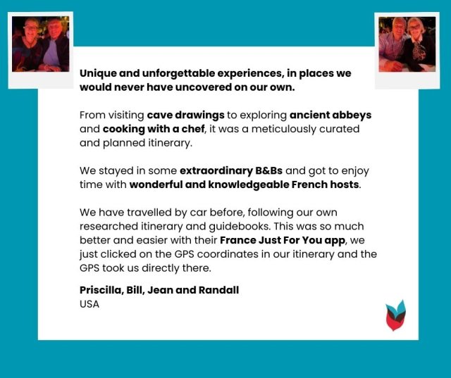 A glowing review of France Just For You from American travelers Priscilla Bill Jean and Randall