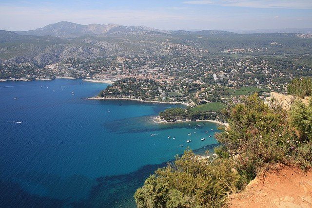 Panoramic view of Cassis in Provence by the Mediterranean sea from the Route des Cretes