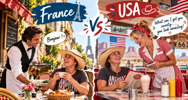 traveler in a restaurant in France and in the USA