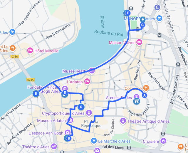 A map showing the stops on our Van Gogh walking tour below Van Gogh Walking tour Arles map