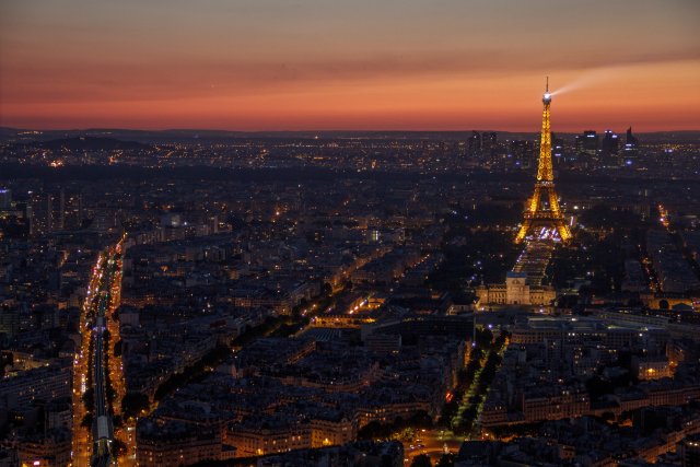 View over Paris at sunset from the Montparnasse Tower