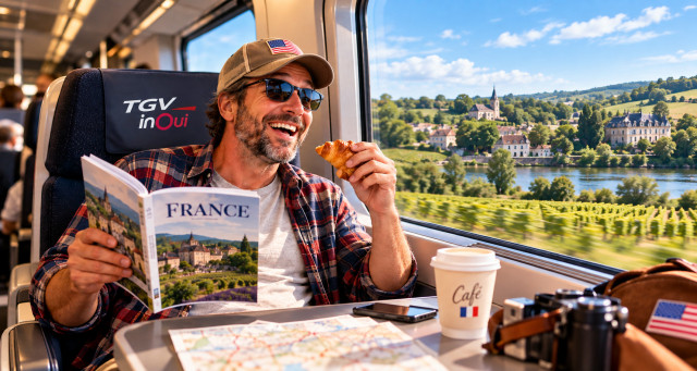 American traveler in a train in france