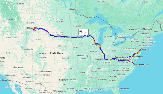 Emilie's family Road Trip Map in the USA