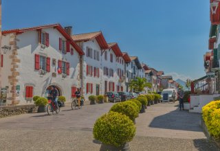 The village of Ainhoa The beautiful traditional red and white Basque buildings in the Basque village of Ainhoa