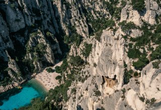 Calanque d'En-Van, Cassis A view from above of the turquoise waters and surrounding high rocks of Calanque d'En-Vau