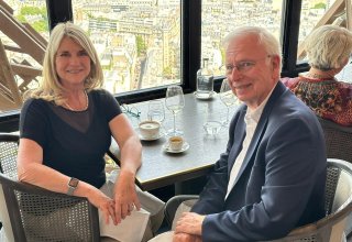 Travelers Karen & Mike from the USA at Jules Verne restaurant in the Eiffel Tower