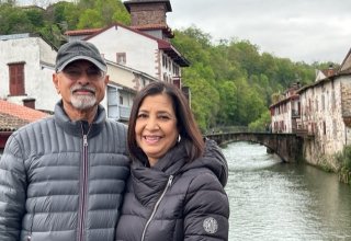 Travelers Mita and Bip in Saint-Jean-Pied-de-Port Travelers Mita and Bip in Saint-Jean-Pied-de-Port in the Basque Country