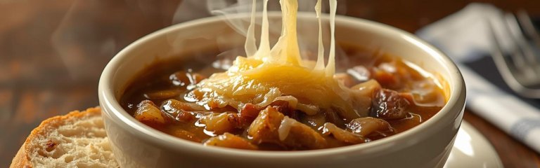 French onion soup with melted cheese on top and a slide of baguette on the side