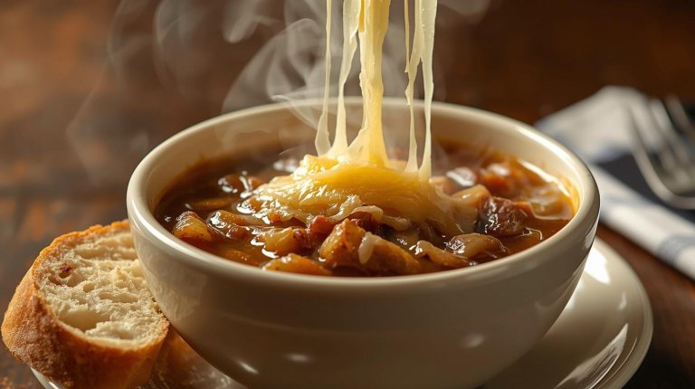 French onion soup with melted cheese on top and a slide of baguette on the side