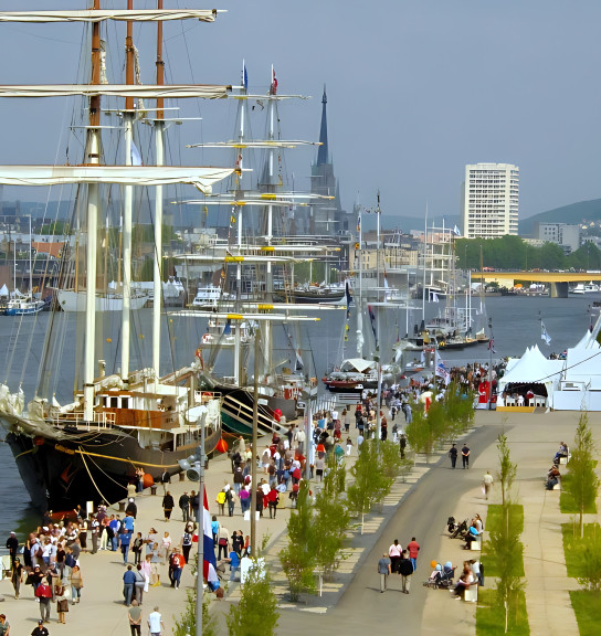 Tall ships along the Seine River in Normandy and people on the quays during the Rouen Armada