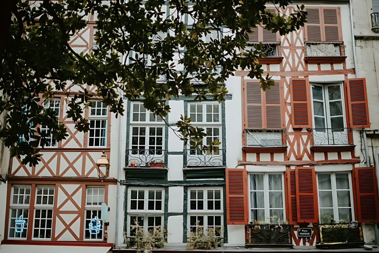 Traditional Basque colorful half-timbered houses