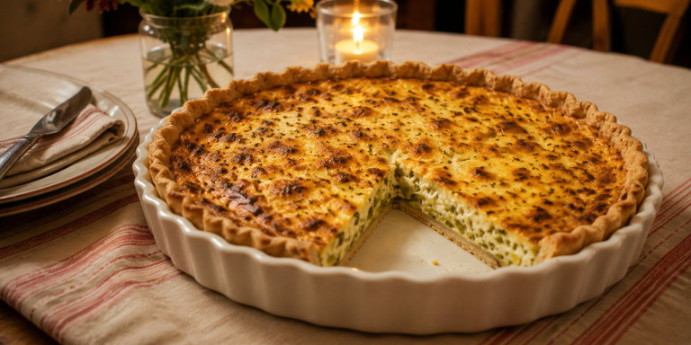 leek ricotta and gruyere tart on a dining table