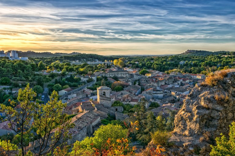 A hilltop view over a small town in Provence in September