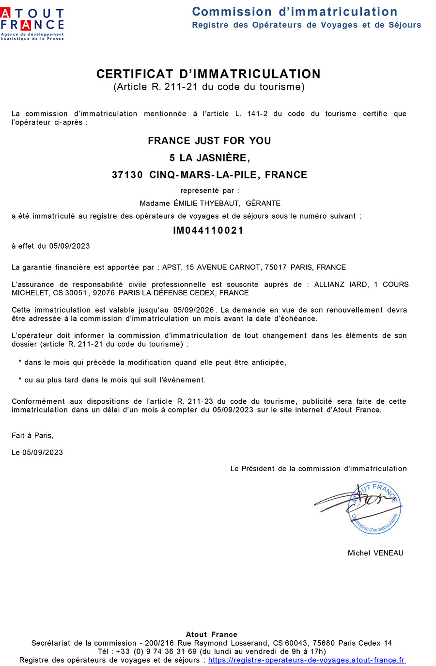 Atout France Certificate