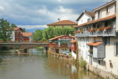 The Basque village of Saint-Jean-Pied-de-Port next to the river Nive de Beherobie