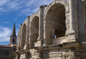 The big arches of the exterior of the Roman Amphitheater in Arles, Provence
