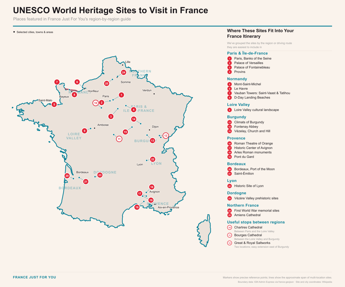 Map of France showing UNESCO World Heritage Sites in Paris, Normandy, the Loire Valley, Burgundy, Provence, Bordeaux, Lyon, Dordogne and Northern France