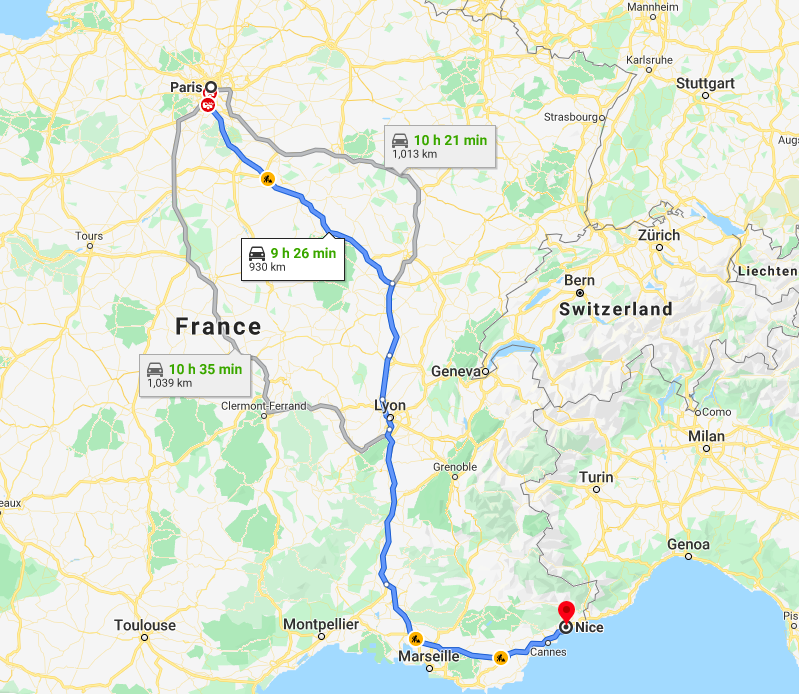 driving route from paris to nice